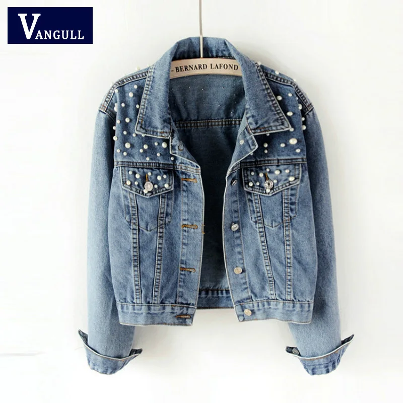 

Vangull Spring Pearl Beading Crop Denim Jackets For Women New Autumn Casual Jeans Bomber Jacket Long Sleeve Coat Plus Size 5Xl