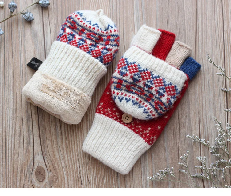 Зимние перчатки женские вязаные рукавицы теплые перчатки без пальцев шерсть плюс бархат утолщение теплые открытые перчатки зимние женские перчатки