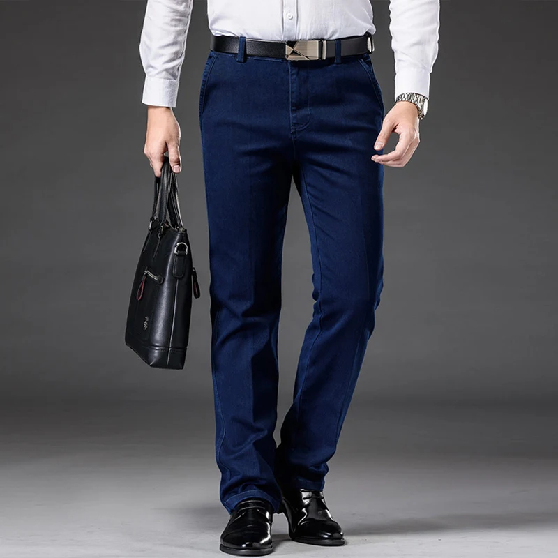 Spring Autumn Men Jeans High Waist Straight Fit Denim Long Pants hombre Business Jeans Stretch Middle-aged Classical Jeans Men