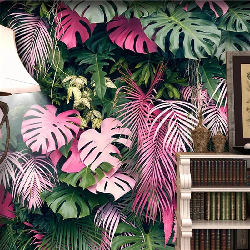 

beibehang papel de parede quarto Pink green tropical rainforest plant wall custom large mural green wallpaper papier peint