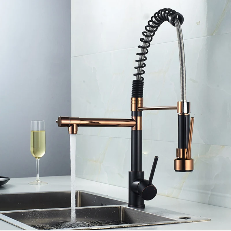  European retro rose gold + ORB black kitchen faucet all-copper multi-functional stretchable rotary  - 33010752723
