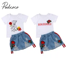 Новая брендовая летняя одежда для маленьких девочек футболка с короткими рукавами и цветочным принтом топы+ джинсовая юбка с цветочной вышивкой комплект из 2 предметов
