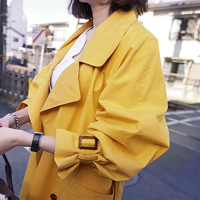 

2019 Autumn Women's Double Breasted Trench Coat Loose Casual Windbreaker Female Yellow With Belt Overcoat Business Outerwear 441