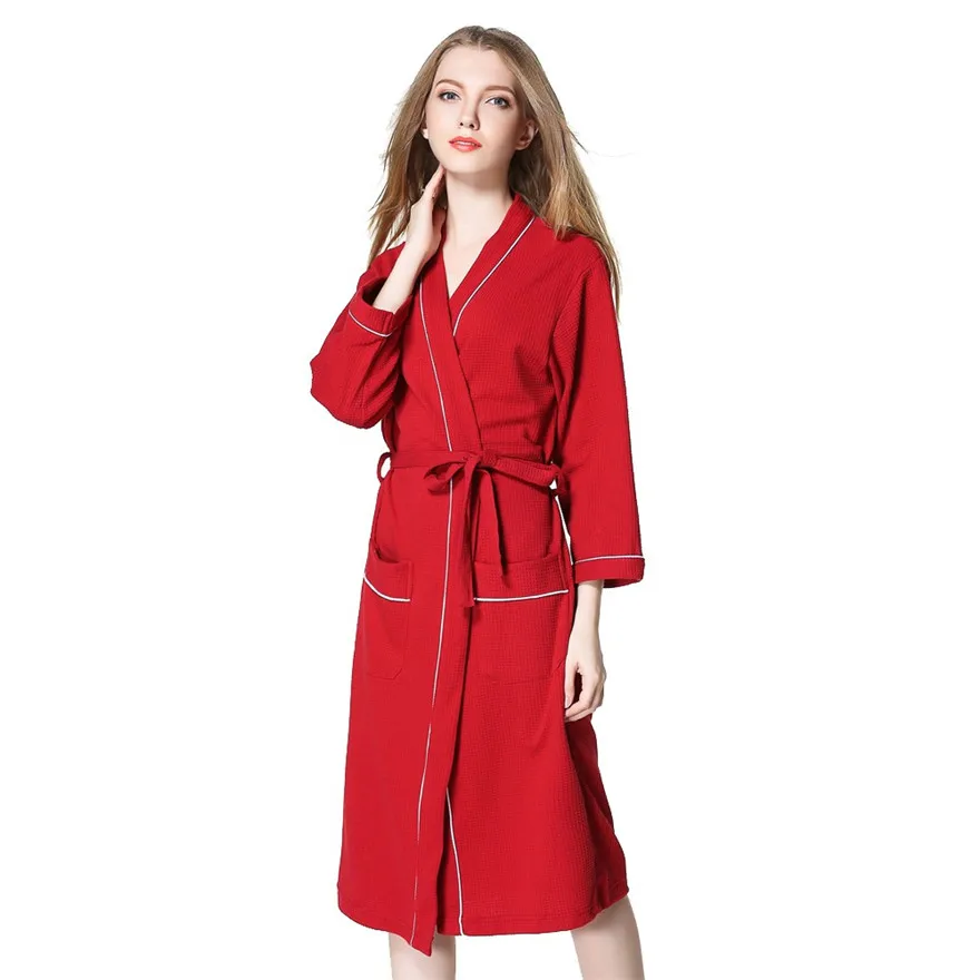 Зимний хлопковый Халат, одежда для женщин, обычный однотонный халат с длинным рукавом, топы, пальто с поясом, одежда для сна-g - Цвет: Red