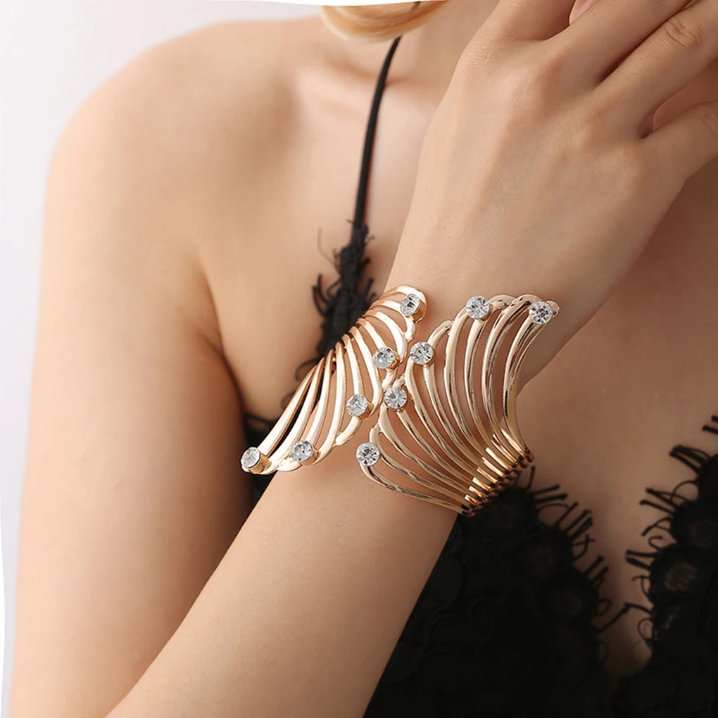 

Trendy Women Feather Design Rhinestone Bracelet Crystal Girl Adjustable Gold Bangles Lady Gift Jewelry