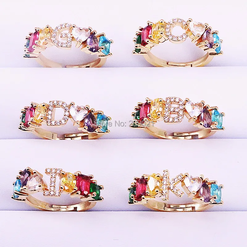 

10Pcs NEW Pave Sparkling Rainbow Cubic Zircon Gold Color A-Z Letter gorgeous finger rings for Women Party Wedding Jewelry