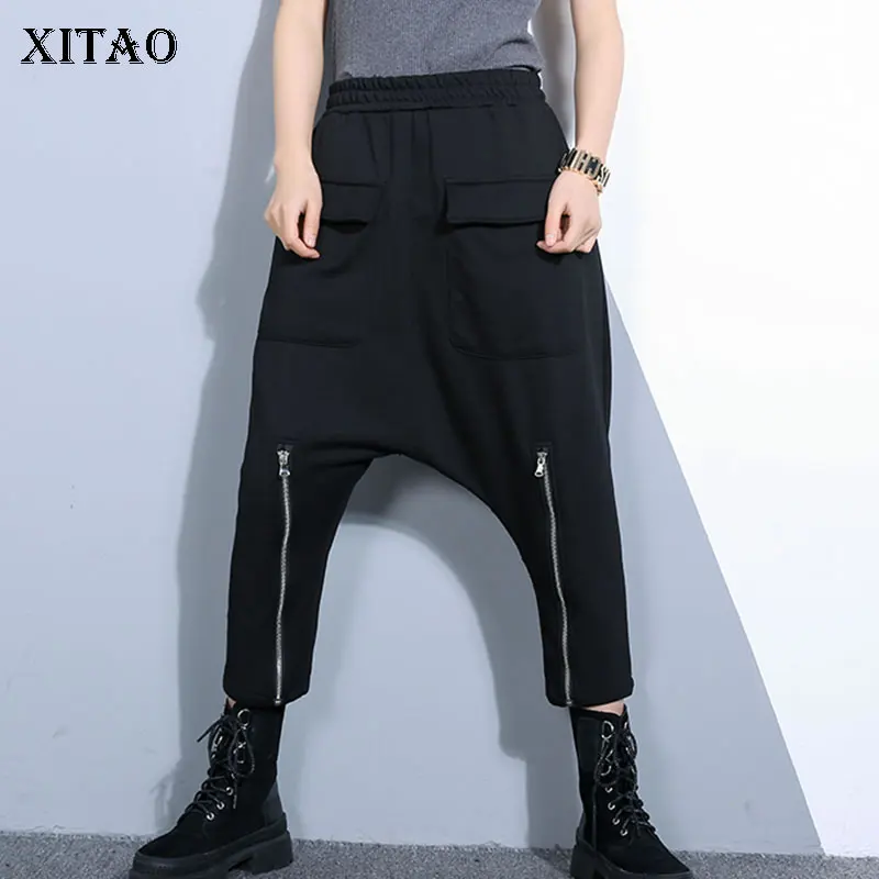 

[XITAO] Women 2019 Spring Fashion Loose Cross-pants Female Solid Color Pocket Elastic Waisted Casual Ankle-length Pants ZLL3188