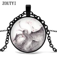 2018/lot Vintage Yin Yang Couple Kitty Cats Necklace Pendant Kolye Cabochon Black Long Chain Necklace Women
