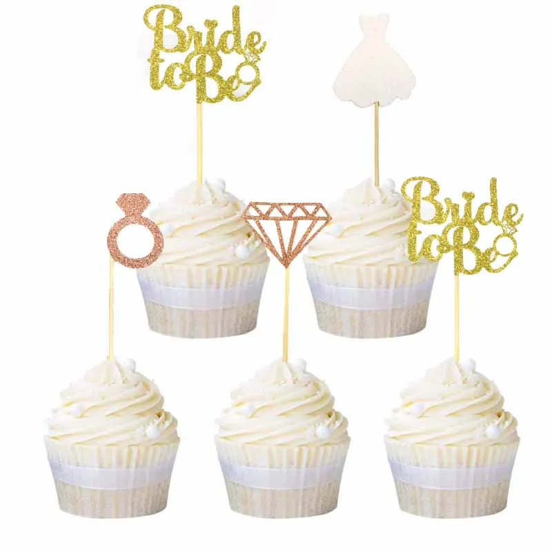 

12pcs Bride To Be Diamond Ring Wedding Dress Cupcake Toppers for Wedding Bridal Shower Party Decorations