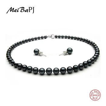 

[MeiBaPJ]New Sale 9-10mm Big Size Natural Freshwater Black Pearl Beads Noble Jewelry Sets S925 Silver Wedding Women Jewelry