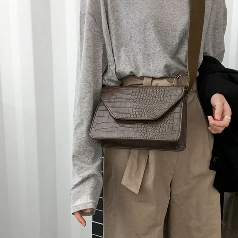 

JHD-Women Pu Leather Small Square Bag New Wide Shoulder Bag Vintage Crocodile Pattern Fashion Simple Messenger Bag Female