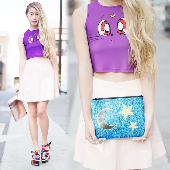 

2015 New Women Cartoon Pattern Mystic Sexy Purple Crop Top Cool Pokemon Cat Printing Sleeveless Tee Women Design T-shirt