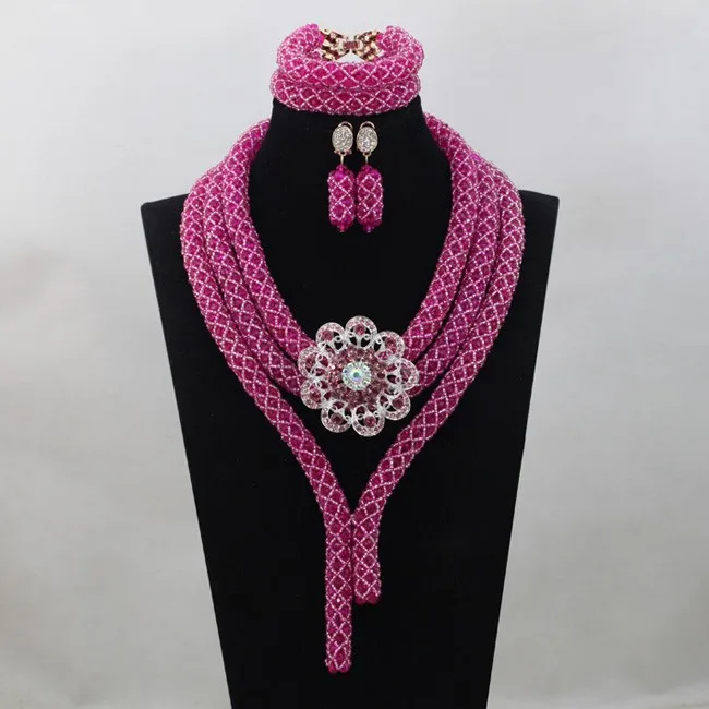 Массивный Африканский Fushia розовый кристалл свадебный ювелирный набор нигерийские бусы индийское ожерелье для невесты Ювелирные наборы ANJ112