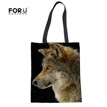 

FORUDESIGNS Wolf Shopping Bags for School Girls Cloth Bags Cool Animals Pattern Environmental Protection Recycled Shoulder Bag