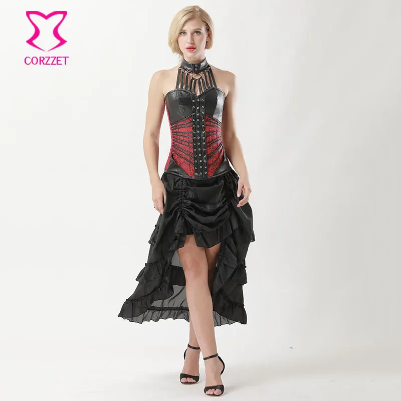 Punk Gothic Black Leather Halter Top Armor Corset Skirt Outfits Burlesque Dress Steampunk 