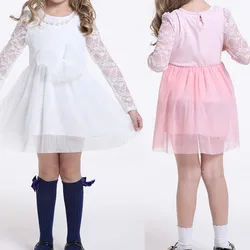 

Retail Wholesales 1PC Kids Girl Lace Dress Long Sleeve Princess Party Dress Pearls Round Neck  2-6 Y