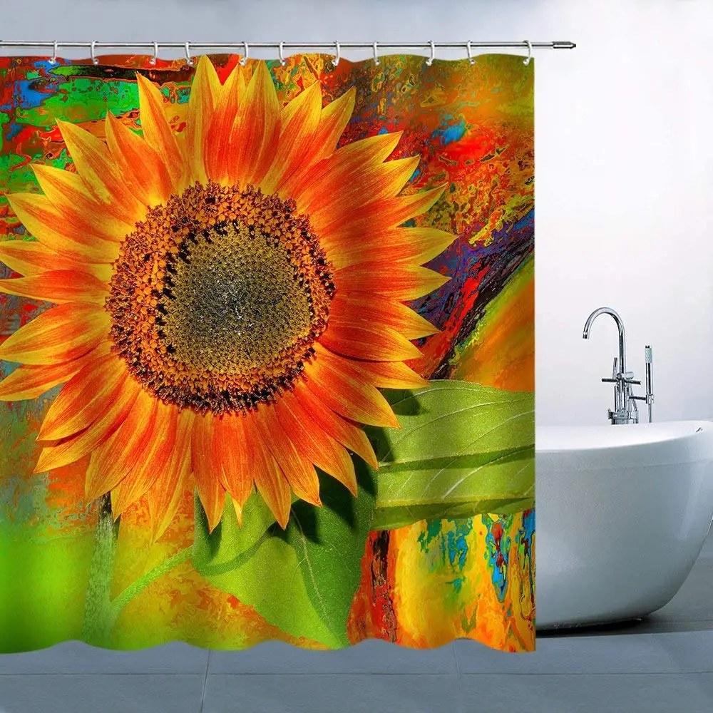 Sunflower Pattern Theme Shower Curtain Beautiful Lovely Elegant Orange