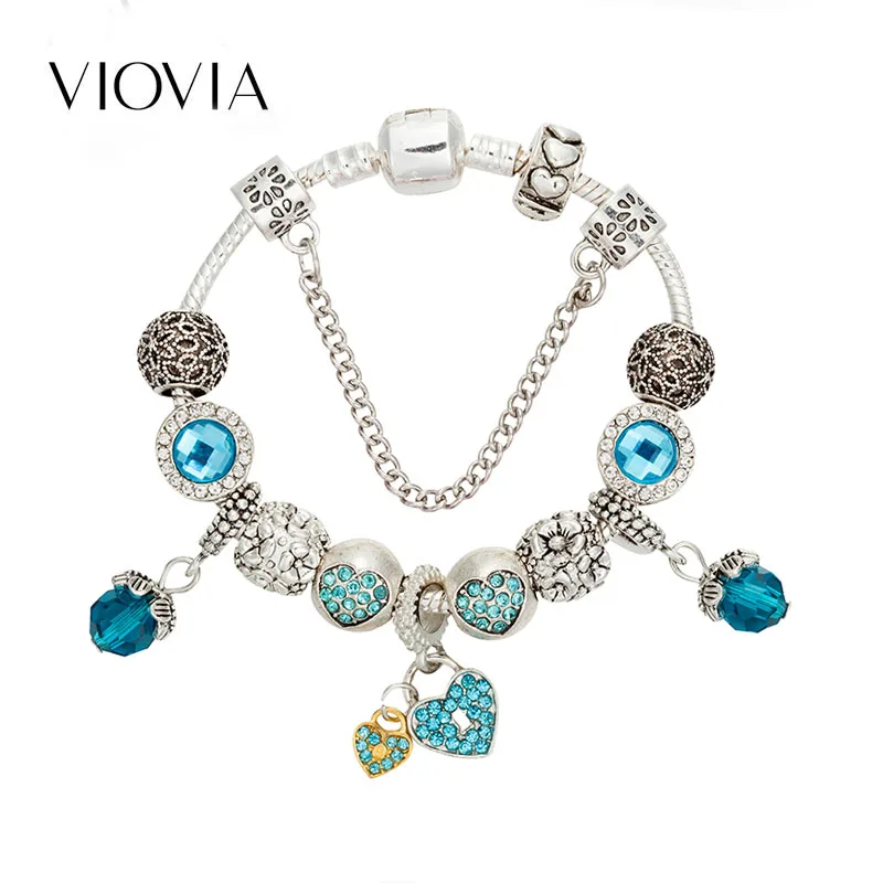 

VIOVIA Dropshipping Fashion Jewelry Rhinestone Charms Bracelet & Bangles Heart Beads Fit Original Fine Bracelet For Kids B18041