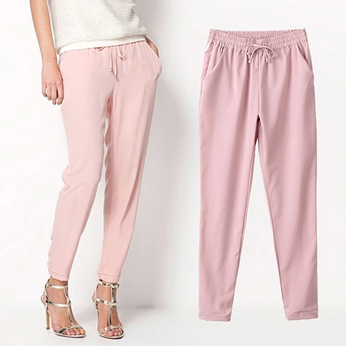 

Newest Women's Casual Solid Color Drawstring Elastic Waist Chiffon Trousers Harem Pants