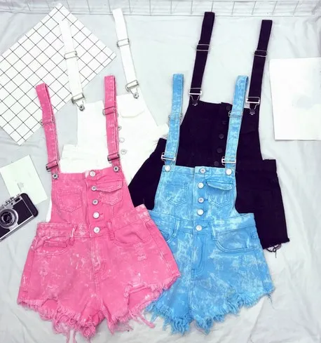 2017 Denim Bib Pants Female Summer High Waist Hole Denim Overalls Pierced Burr Strap Loose Shorts Jeans