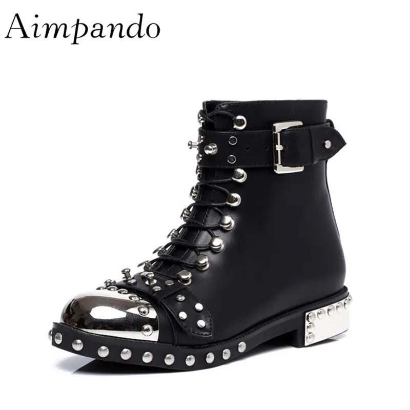 

Fashion Punk Style Rivet Motorcycle Boots Studded Buckle Cross Tied Metal Decor Black Ankle Boots Women