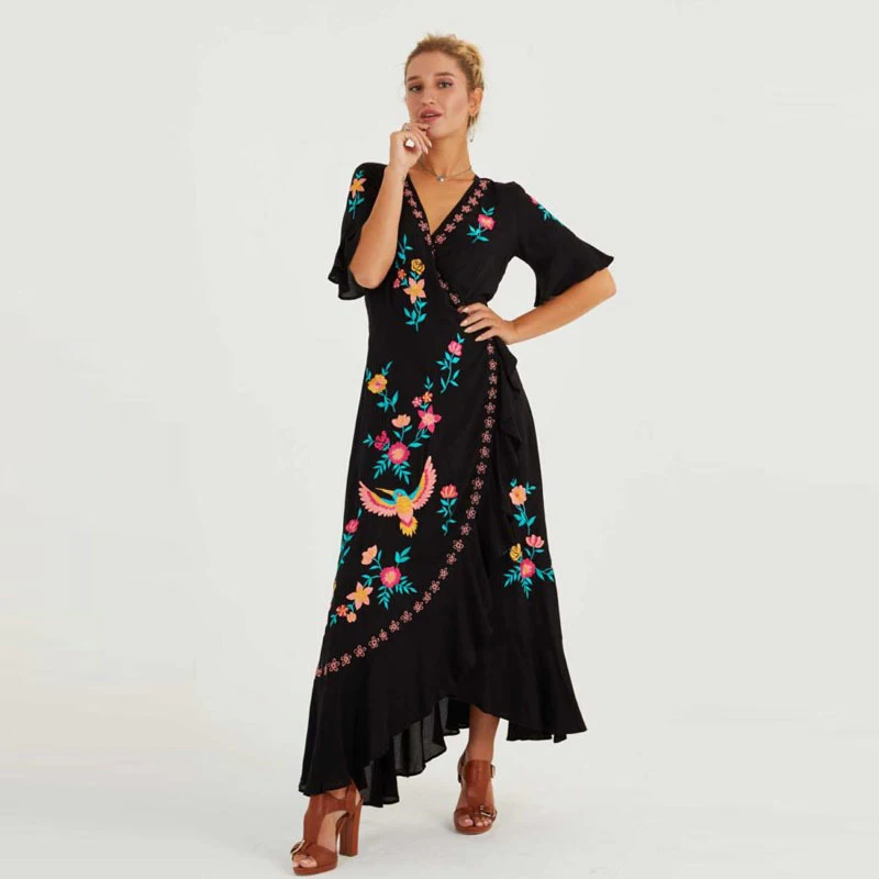 Женское платье с цветочной вышивкой, летнее платье с рукавами-бабочками и v-образным вырезом, женское платье, черное вискозное платье с поясом, Новинка