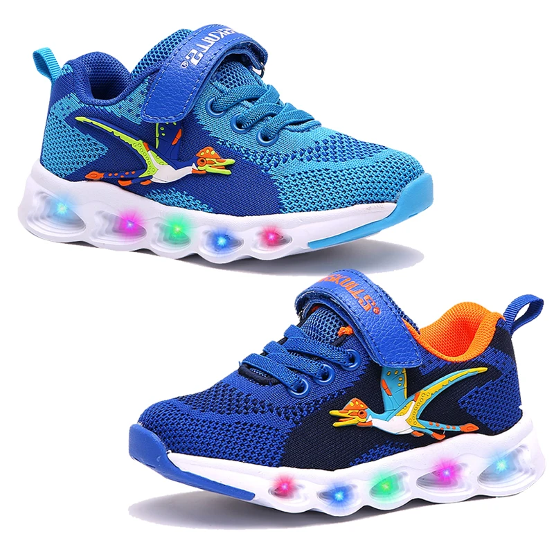 

Dinoskulls Kids Boys Glowing Sneakers Mesh Light Up Children Casual Shoes 2019 Autumn 3D Dinosaur LED Big Boy Sport Trainers