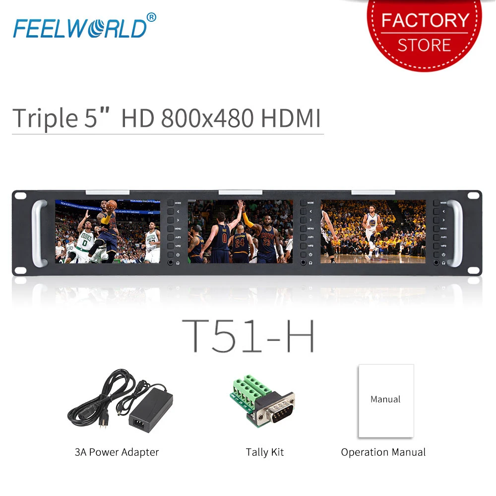 Feelworld T51-H тройной 5 дюймов 2RU Leightweight HDMI вещательный монитор lcd TFT 800x400 HDMI AV монтируемый в стойку монитор для вещания