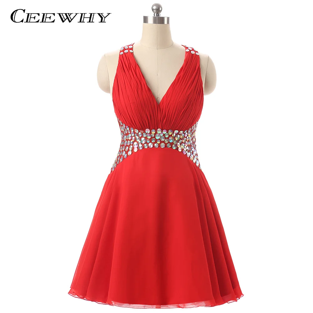 CEEWHY Red Beading Short Cocktail Dress Crystal Sexy V Neck Backless