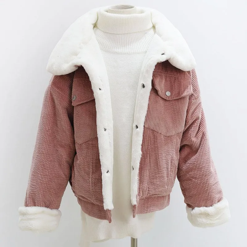 

Big Discount Winter Women Corduroy Basic Jacket Long Sleeve Lambswool Bomber Jacket Casual Single Breasted Denim Jacket