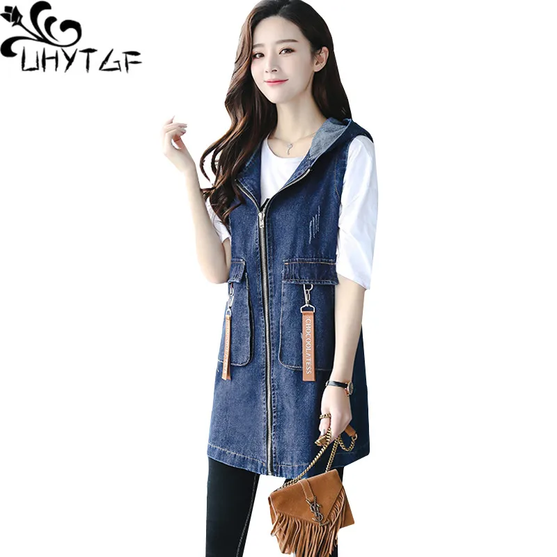 

UHYTGF New Ladies spring autumn denim vest jacket fashion hooded sleeveless Slim Female waistcoat S-3XL Plus size vest Women 220