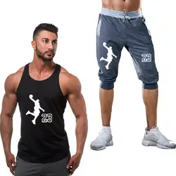 2019 Популярный Логотип мужской фитнес набор жилет + шорты большой размер из двух частей Повседневная Корейская одежда