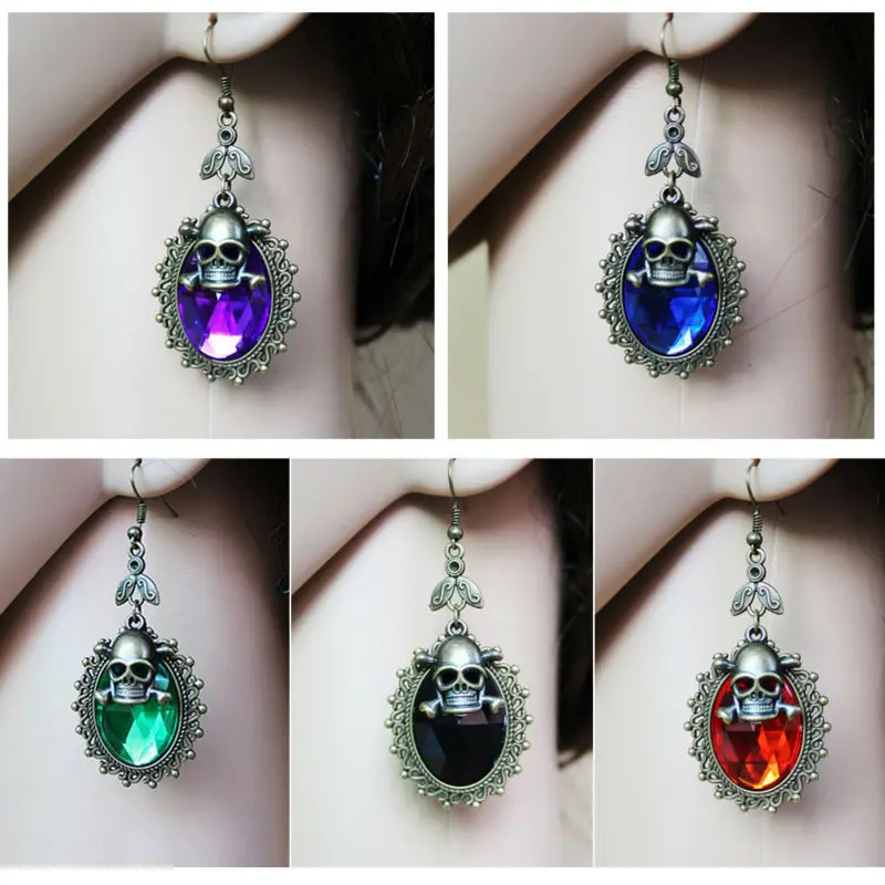 Women Earrings Fashion Punk Retro Bronze Pirate Skull Cross Bones Poison Dangle Flower Rhinestone Hook Drop Earring Lady Vintage 2