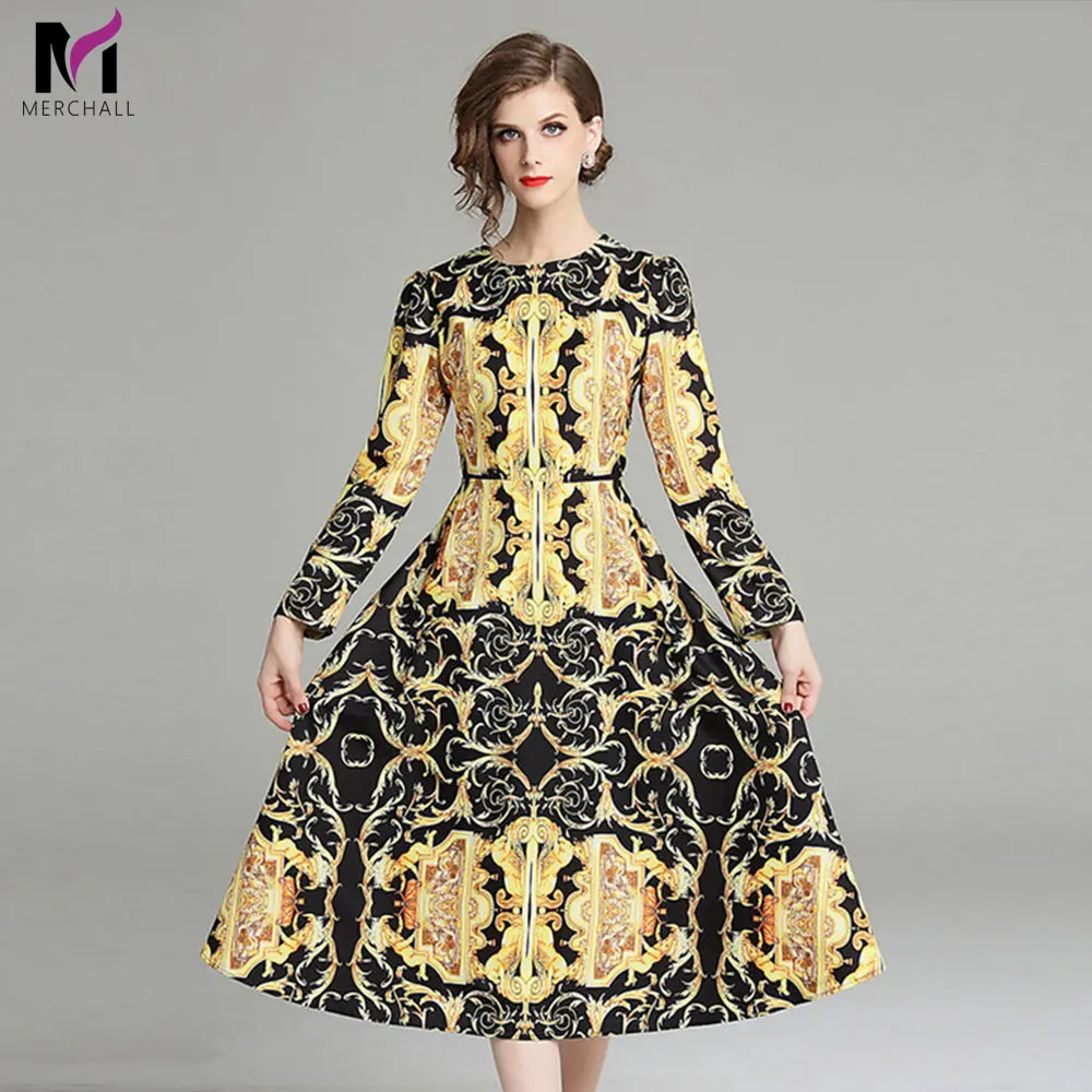 

Merchall High Quality 2019 Spring Celebrity Runway Designer Royal Vintage Golden Paisley Retro Floral Print Loose Midi Dresses