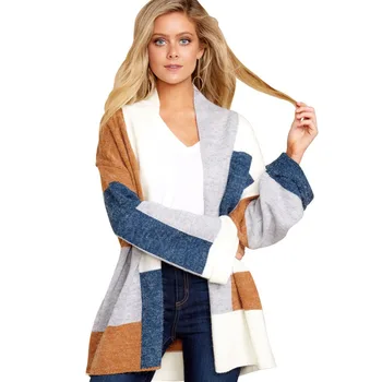 

Khaki Blue Multi Colorblock Open Front knitted Sweater Cardigan for Women Long Sleeve Casual Autumn Winter Coat Outwears
