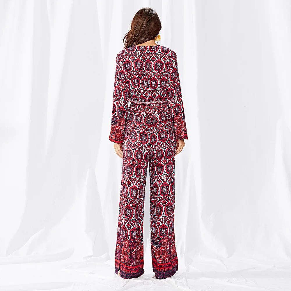 Women's printed V-neck pants, Red Printed casual suit, women's wear Women's printed V-neck pants, Red Printed casual suit, women's wear