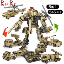 545pcs 6in1 Transform Armored Robot Mini Military Vehicles Model Building Blocks Compatible Legoed Army World Of