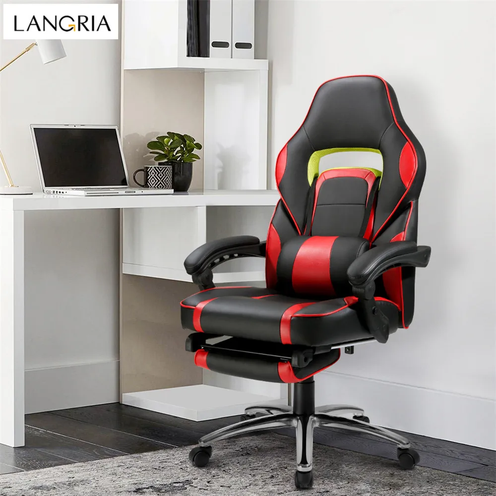 LANGRIA Ergonomic High-Back Faux Leather Racing Style Reclining Computer Gaming Executive Office Chair with Padded Footrest and Lumber Cushion19