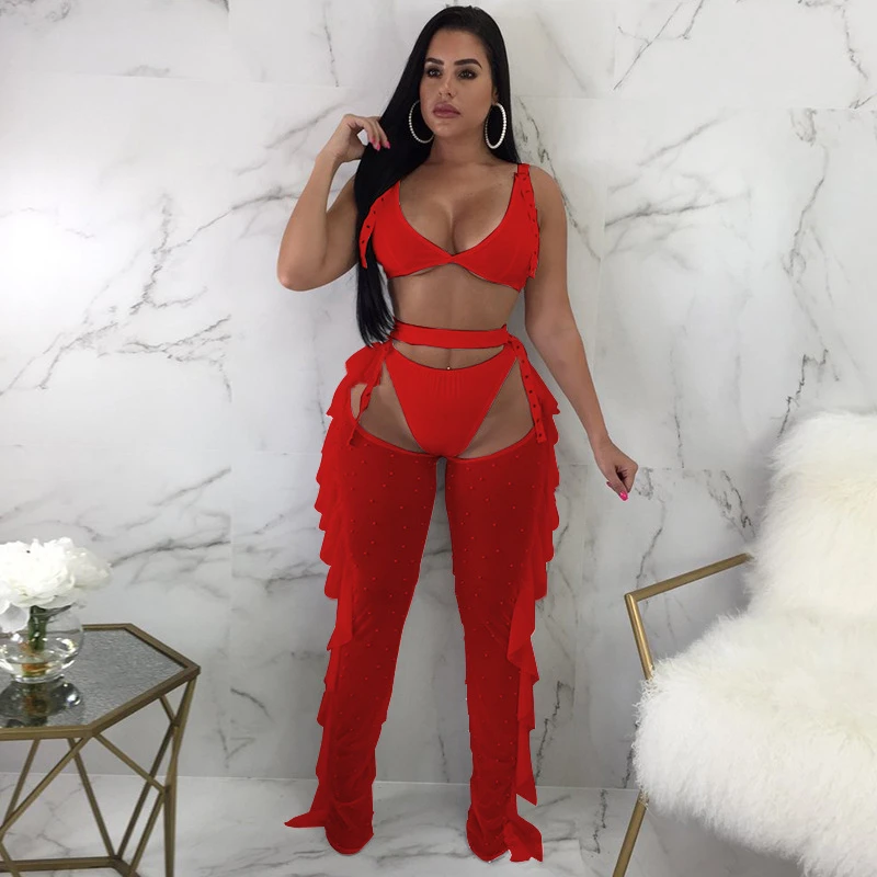 

Fashion Beads 3 Piece Set Women Harajuku Mesh Conjunto Feminino Clothes Suit Female Costume Tracksuit Three Piece Set Drop Ship