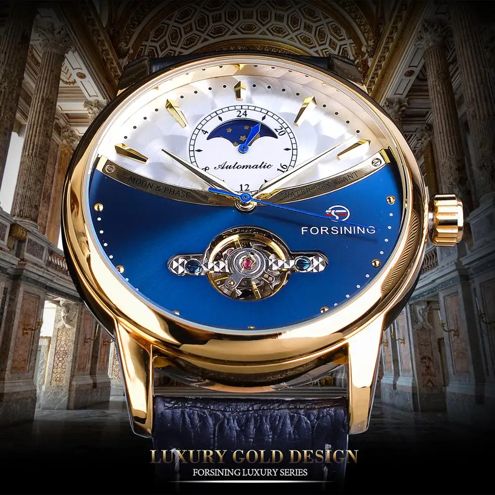 Forsining Tourbillon Blue Automatic Watch Men Classic Moonphase Design Genuine Leather Band Waterproof Business Wrist Watch Gift