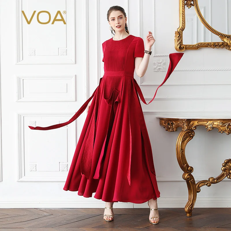 

VOA Heavy Silk Long Dresses Vintage Red Round Neckline Tassel Streamers Ankle-Length European Style Plus Size Dress Summer A768
