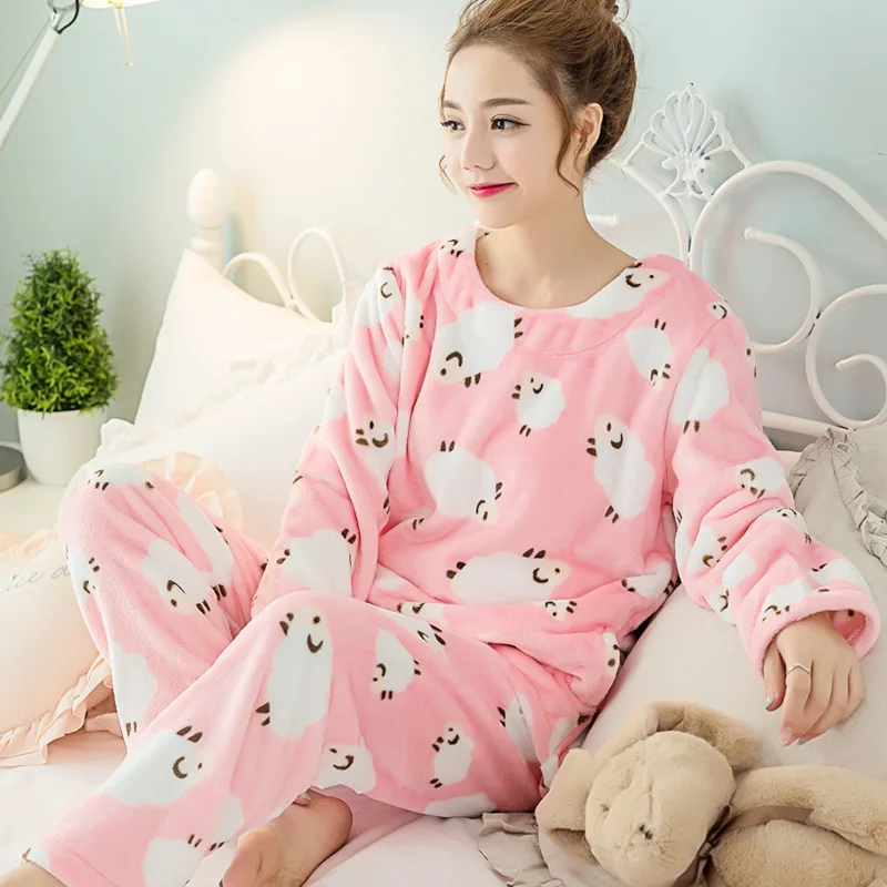 Two Piece Plus Size Winter Sleepwear Women Pajamas Nightgown Big Size Letter Kawaii Home Warm Clothes Female Nightdress - Цвет: Pink sheep 8