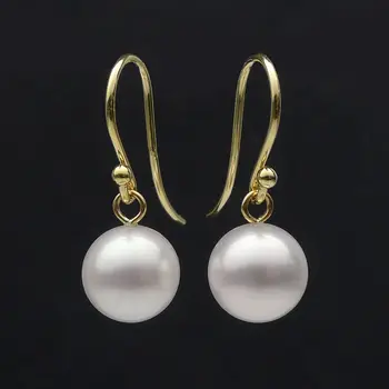 

AAA 9-9.5MM White Real Freshwater Cultured Pearl Drop Earrings 9K Yellow Gold