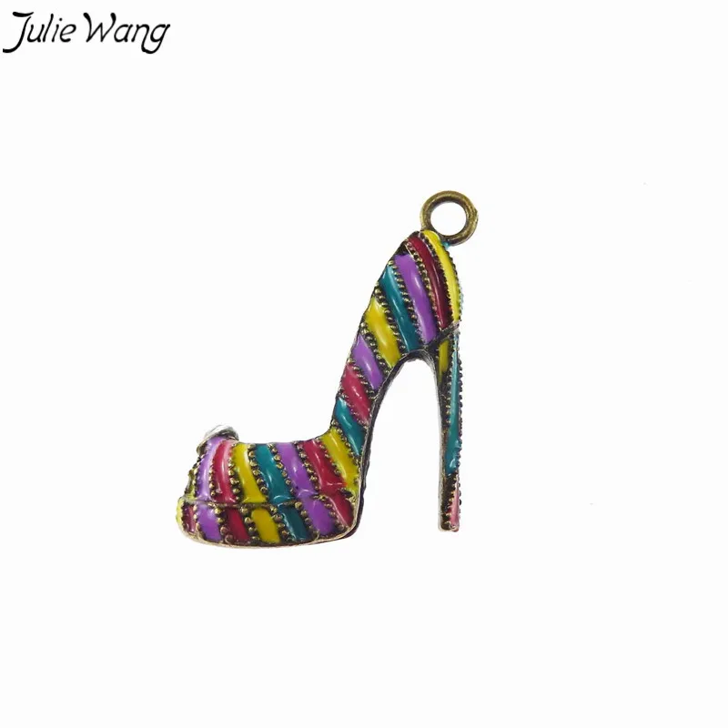 

Julie Wang 4PCS Colorful Enamel Silver Bronze Tone High Heel Women Shoes Shape Pendant Charm Handmade Unique Fashion Jewelry