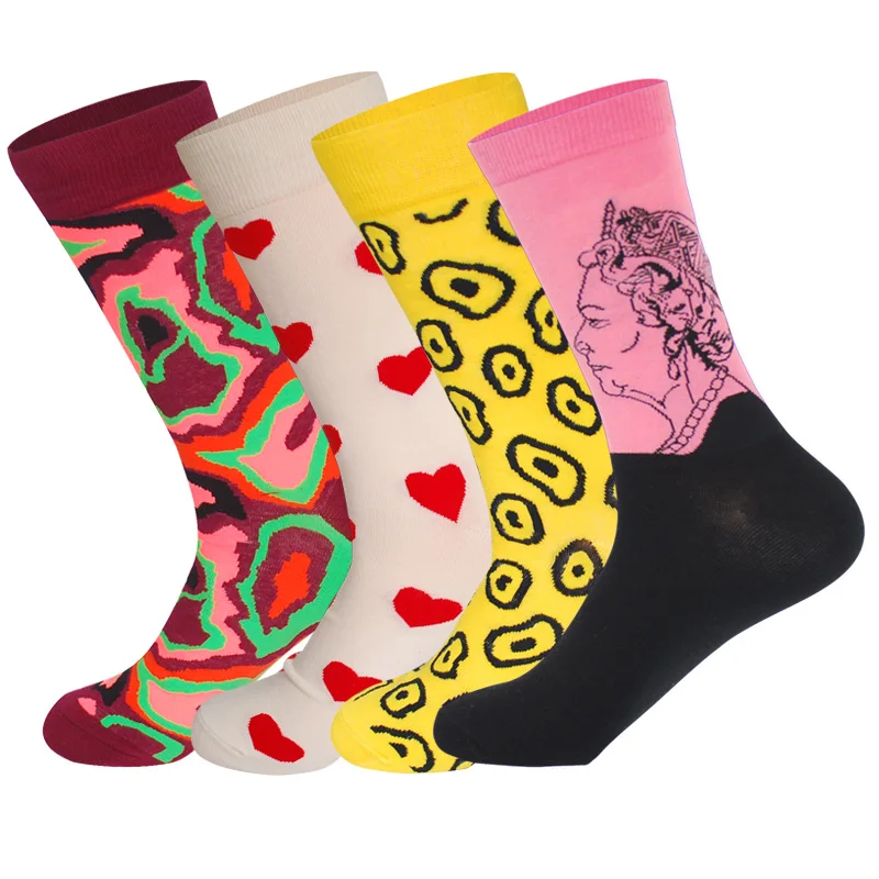 Мужские носки, 4 пар/лот, в полоску, с забавным рисунком, 9 выбор, модные, дышащие, в стиле хип-хоп, дизайнерские, счастливые носки