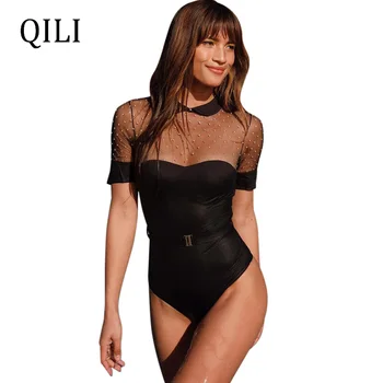 

QILI Women Sexy Bodysuits See Through Mesh Beading Patchwork Short Sleeve Skinny Rompers Beach Casual Bodysuits With Belted