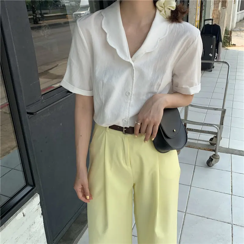 

Alien Kitty Fashion Loose All-Match 2019 Casual Female Sweet New Style Short Sleeves Wave Collar Retro Stylish Summer Shirts