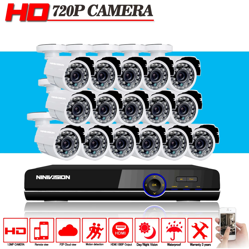 

NINIVISION HD 16CH CCTV System AHD-N H DVR Recorder 16pcs 2000TVL 720P Video CCTV Camera Security Home Surveillance Systems Kits