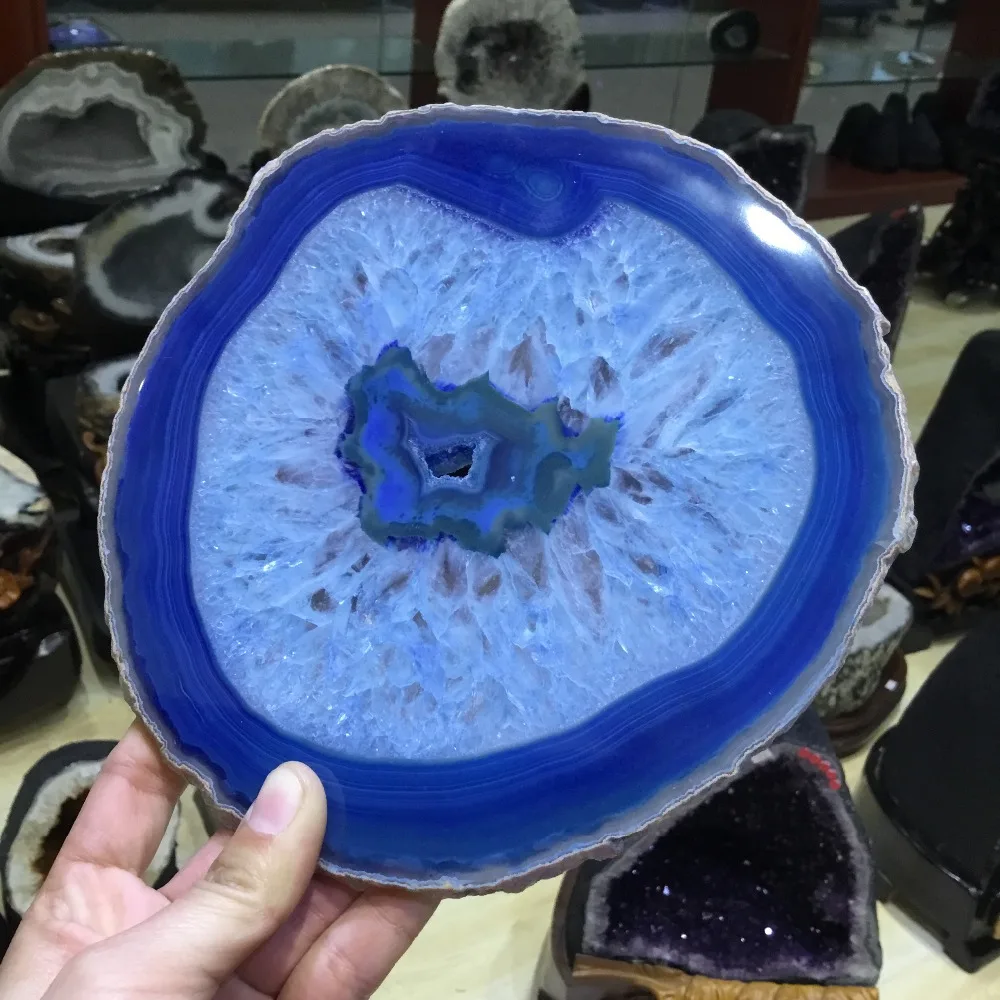 Большой размер натуральный агат ломтик окрашенный синий Агат Каменные ломтики