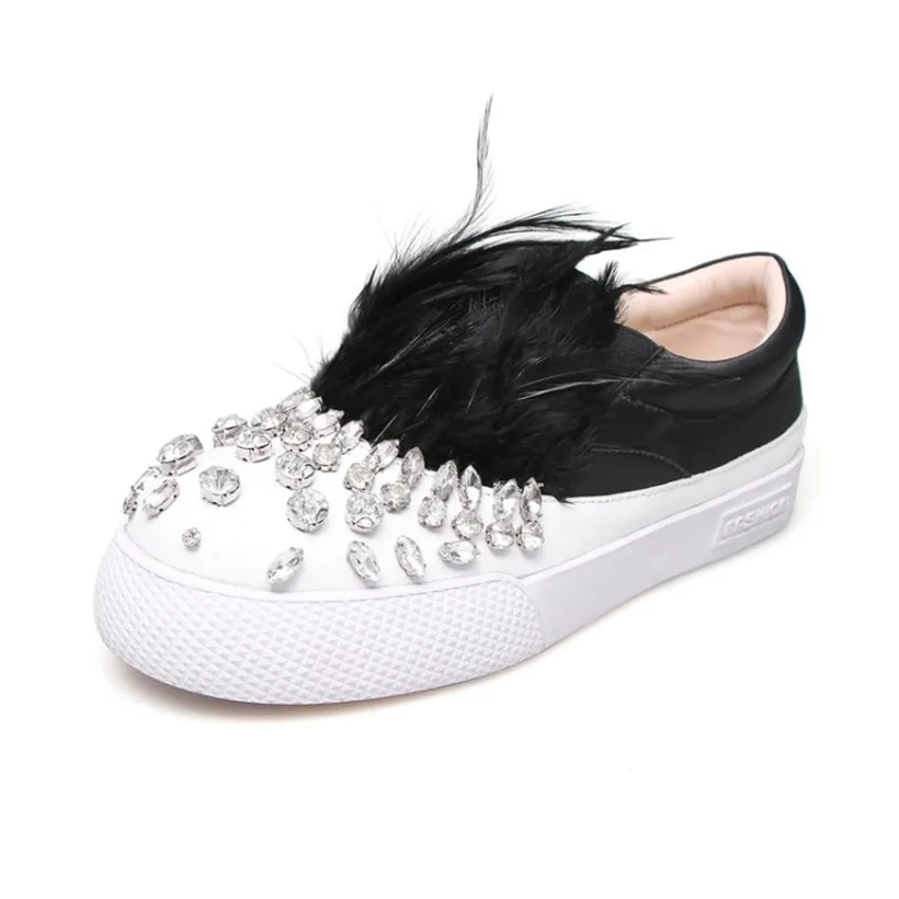 Plat Patckwork Strass Mocassins Soie Satin on De Chaussures Furry Cristal Femme Casual Feather Embelli beige Fourrure red Dames Black Slip hdsQrt